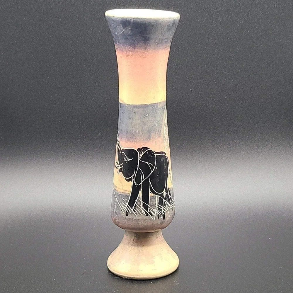 Hand Carved Soapstone Bud Vase Etched Painted Elephant Kenya Desert